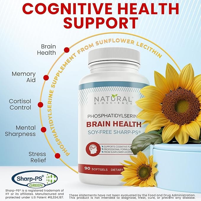 Soy Free Phosphatidylserine 100mg - Phosphatidylserine Supplement from Sunflower Lecithin Patented Sharp PS100 Brain Health Memory Aid Cortisol Control Mental Sharpness Non GMO 90 Softgels