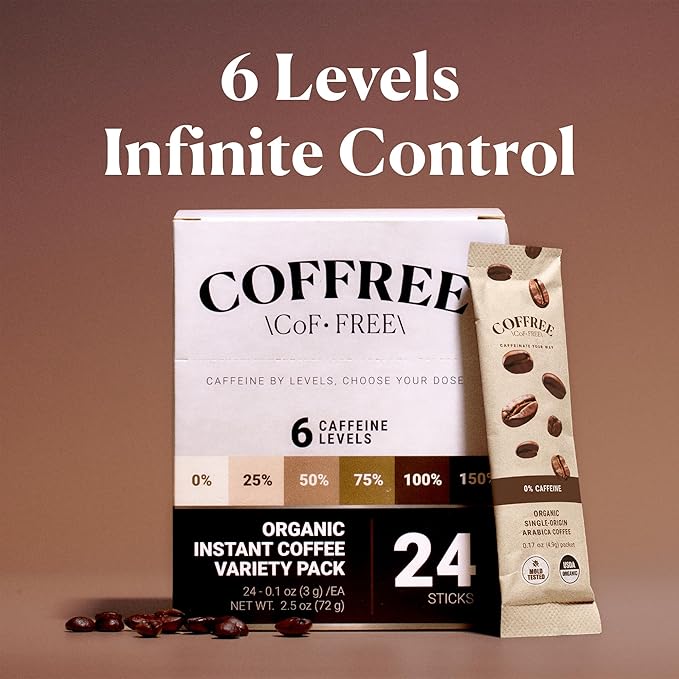 COFFREE Organic Instant Coffee Packets - 50% Half Caff Convenient Coffee Sticks Mold Free Low Acid Arabica Beans for On-the-Go Energy - Hot or Cold Smooth Taste Single Serve Travel Packets 24 Count
