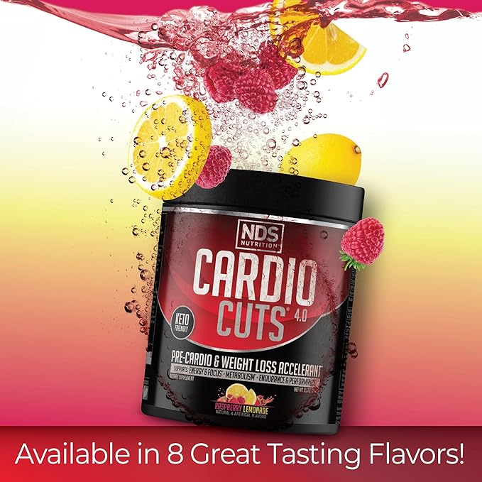 Cardio Cuts NDS Nutrition 4.0 Pre Workout Supplement - Advanced Weight Loss and Pre Cardio Formula with L-Carnitine CLA MCTs L-Glutamine and Safflower Oil - Razz Lemonade (40 Servings)