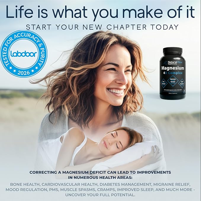 Natural Flow 4X Magnesium Supplement Magnesium Glycinate Taurate Malate Orotate Complex Calm Sleep and Cramp Support Blend No Mag Citrate or Oxide 120 Capsules