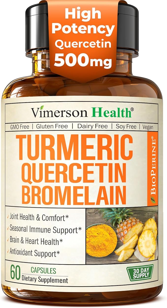 Quercetin with Bromelain Turmeric Curcumin Supplement – Allergy Relief Immune &amp Joint Support – Organic Turmeric Supplement w/Bioperine for Enhanced Absorption 60 Quercetin 500mg Capsules