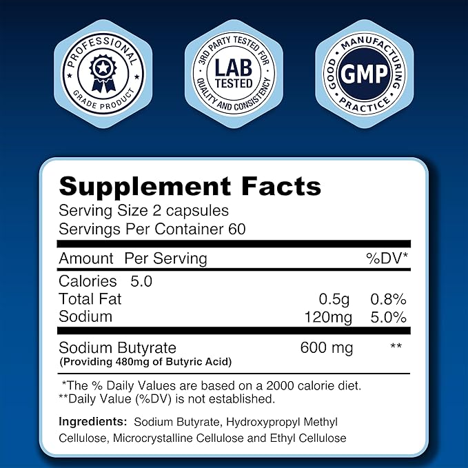 LongJuvity Sodium Butyrate Supplement (300mg) - Optimal Gut Health for Men &amp Women - Digestion Support &amp Leaky Gut Repair - Postbiotic Short Chain Fatty Acid Lab Tested (120 Extended Release