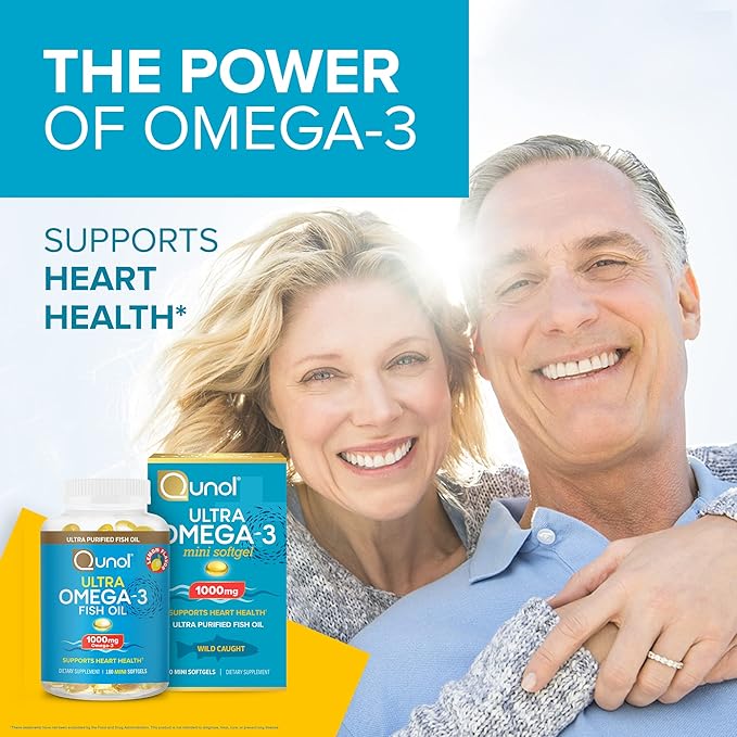 Qunol Fish Oil Omega 3 Mini Softgels 1000mg Omega 3 EPA + DHA Ultra Pure Supplements Heart Health Support Lemon Flavor Easy to Swallow Minis 3 Month Supply 180 Count