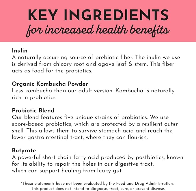 JUST INGREDIENTS Kids Probiotic Drink Mix - Fruit Punch Prebiotic &amp Postbiotic Gut &amp Immune Support