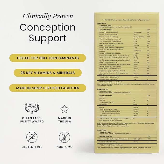 Perelel Conception Support Pack Prenatal Multivitamin with DHA Omega 3 COQ10 &amp Folate Supports Fertility Wellness for Women Soy &amp Gluten Free Non GMO 30 Daily Pill Packs