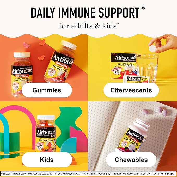 Airborne 750mg Vitamin C Gummies for Adults Immune Support Gummies with Powerful Antioxidants VIT C &amp E Caffeine Free - 2x63ct Bottle (42 Servings) Assorted Fruit Flavor