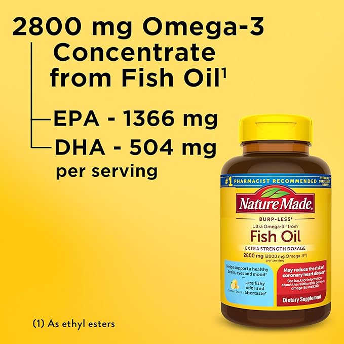 Nature Made Extra Strength Omega 3 Fish Oil Supplements 2800mg Fish Oil Omega 3 Supplements as Ethyl Esters for Healthy Heart Brain Eyes Mood Support 60 Softgels 30 Day Supply