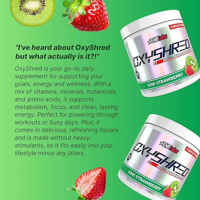 EHP Labs OxyShred Pre Workout Powder - Preworkout Powder with L Glutamine &amp Acetyl L Carnitine Energy Boost Drink - Kiwi Strawberry 60 Servings