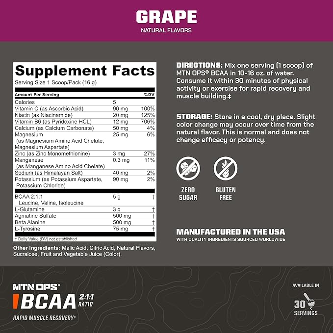 MTN OPS BCAA Powder 2:1:1 Amino Acids Supplement Powder for Rapid Muscle Recovery &amp Repair with Zero Sugar &amp Gluten Free - 30 Servings Grape