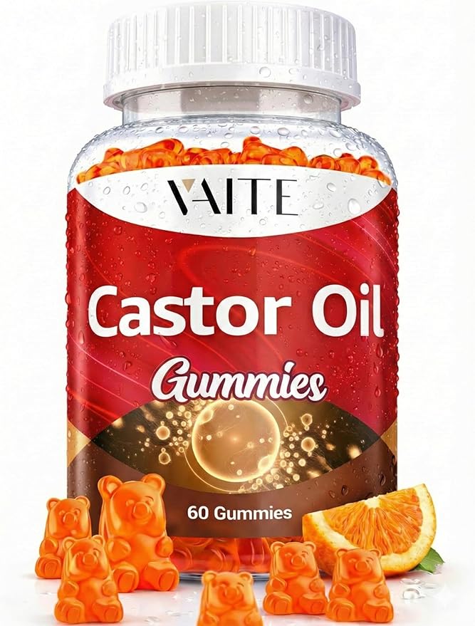 Castor Oil Gummies 1000mg - Natural Digestive Supports Skin Nails &amp Thicker Hair Growth Ricinus Communis Seed Extract Plant-Based Vegan Non-GMO Gluten-Free No Artificial Flavors 60 Chewab