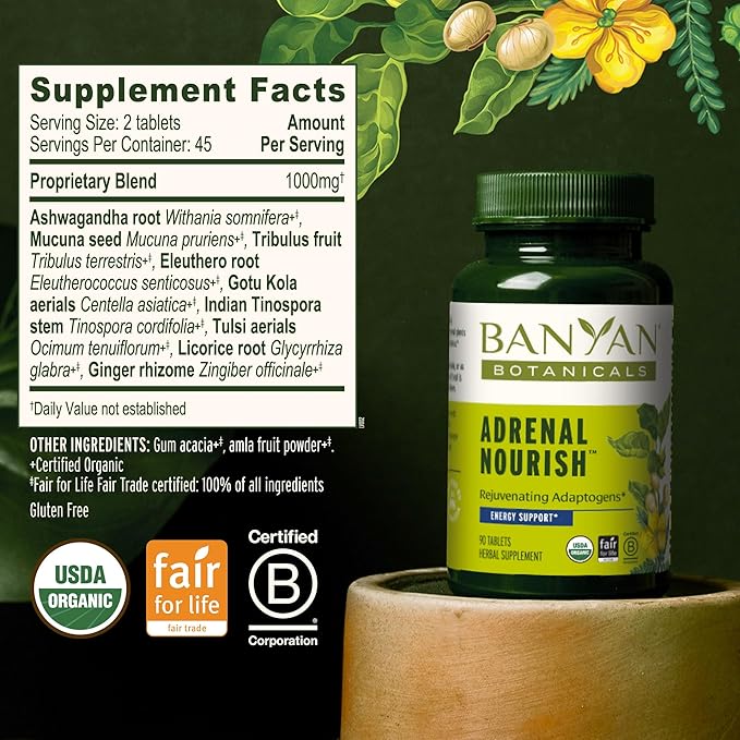 Banyan Botanicals Organic Adrenal Nourish - Cortisol Support &amp Stress Relief Supplement - Natural Energy &amp Fatigue Support with Ashwagandha &amp Adaptogens - 90 Tablets - Non-GMO Vegan*