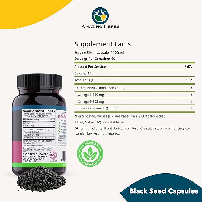 Amazing Herbs Black Seed Oil Capsules - Black Seed Oil Pills Black Cumin Seed Oil Capsules Cold Pressed Nigella Sativa Supplement Blackseed Oil Non GMO 100% Pure - 60 Vegetarian Capsules 1000 mg