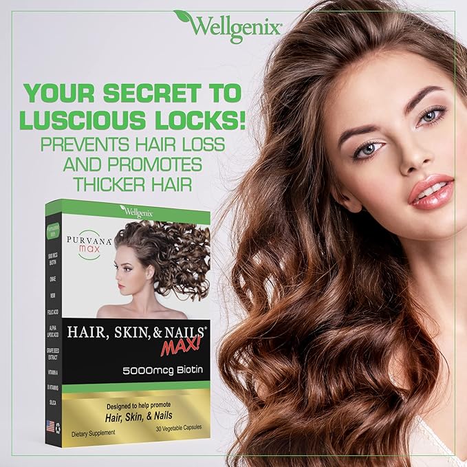 Wellgenix Purvana MAX Hair Skin and Nails Supplement – 5000mcg Biotin with MSM &amp B-Complex – Supports Thicker Hair Stronger Nails &amp Glowing Skin – 60 Veggie Capsules (2 Pack)
