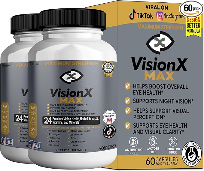 VisionX Maximum Strength Eye Health Supplement 24 Premium Vision Herbal Extracts Vitamins Minerals 60 Capsules 30-Day Supply (2)