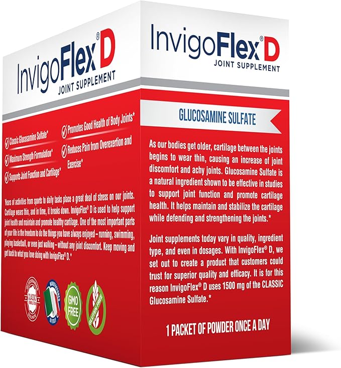 INVIGOFLEX 1500mg of Glucosamine Sulfate Powder (Classic Formulation) - Premium Joint Supplement for Knees Hands Back and Hip Support D: Glucosamine Sulfate Packets - 60 Packets