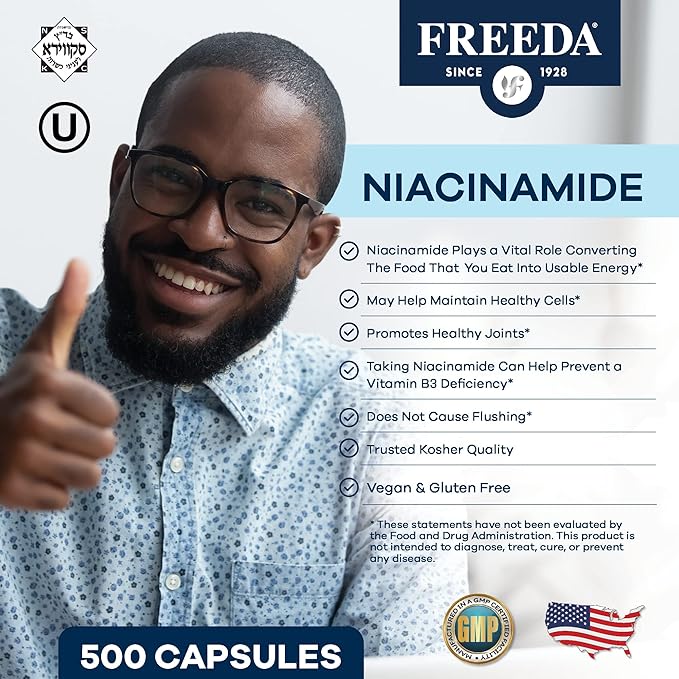 Freeda Niacinamide - Vitamin B3 Niacinamide 250 mg - Vegetarian No Flush Niacin Formula - B3 Vitamins Niacinamide Supplement - Niacin Flush Free Niacin Supplement Vitamin B3 Nicotinamide 500 Capsules