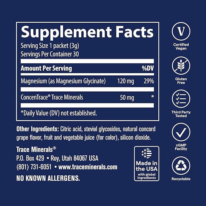 Trace Minerals Magnesium Glycinate - Bedtime Magnesium Supplement for Sleep Support - Nervous System &amp Healthy Mindset Support - Travel-Friendly Stick Packs - Grape Flavor - 30 Servings