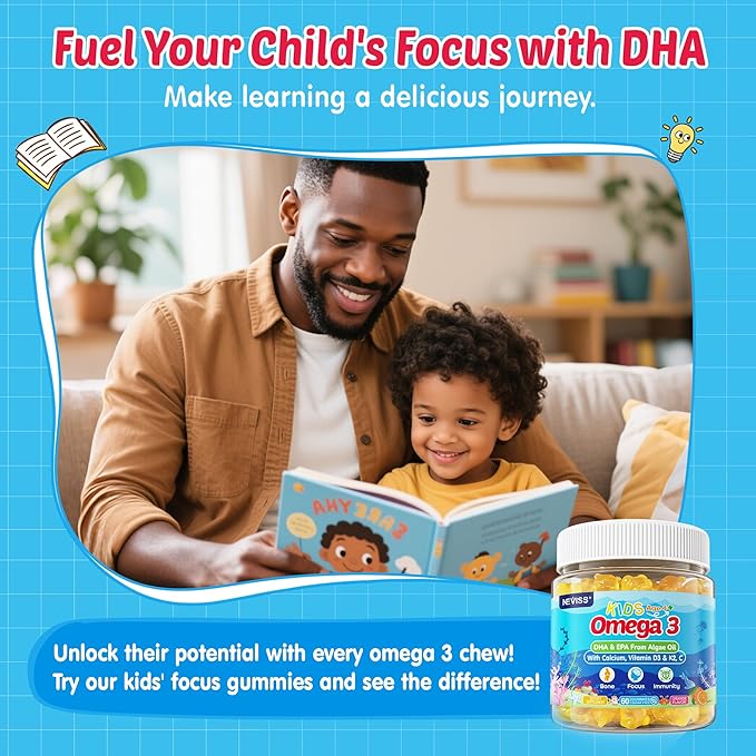Kids Omega 3 Gummies + Calcium 400mg + Vitamin D3 K2 + C Omega-3 DHA &amp EPA Supplement - No Fish Burps No Sugar - Kids &amp Teens Omḛga 3 + Multivitamin Gummy for Strong Bones Brain Immune Ey