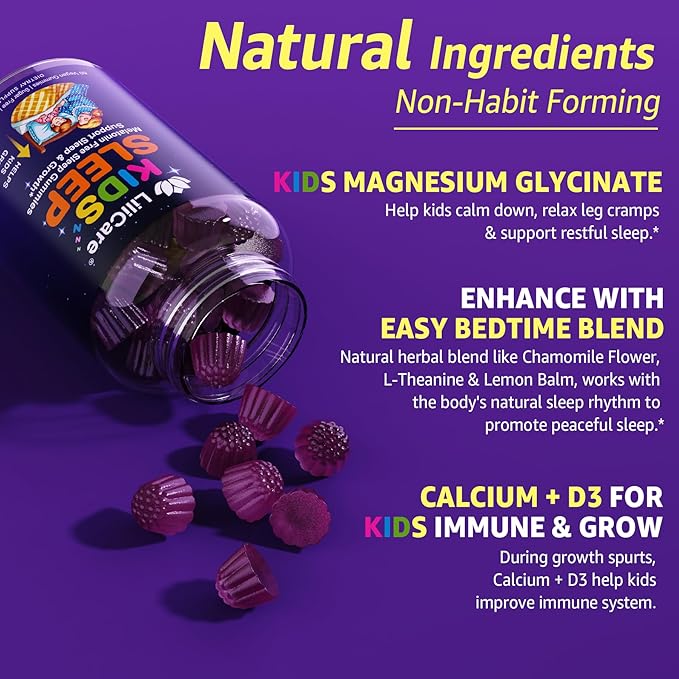 Kids Sleep Gummies - Magnesium Glycinate Gummies Melatonin Free Sleep Aid | Magnesium Calcium D3 B6 L Theanine | Kid Melatonin Alternative for Restful Sleep (Pack of 2)