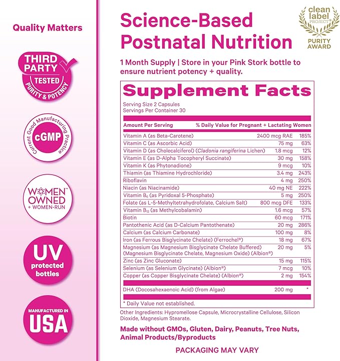 Pink Stork Total Postnatal Vitamins for Women | Vegan DHA Iron Folate B12 | Postpartum Recovery Essentials | Lactation Support for Breastfeeding Moms | Clean Label Award Winner - 60 Capsules Mint