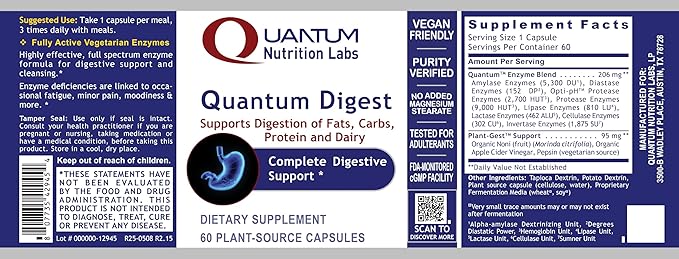 Quantum Nutrition Labs Quantum Digest - Digestive Health Enzymes for Women and Men Digestion Support for Gut Health Fully Active Vegan Enzyme Pills - 60 Vegetarian Capsules (Pack of 2)