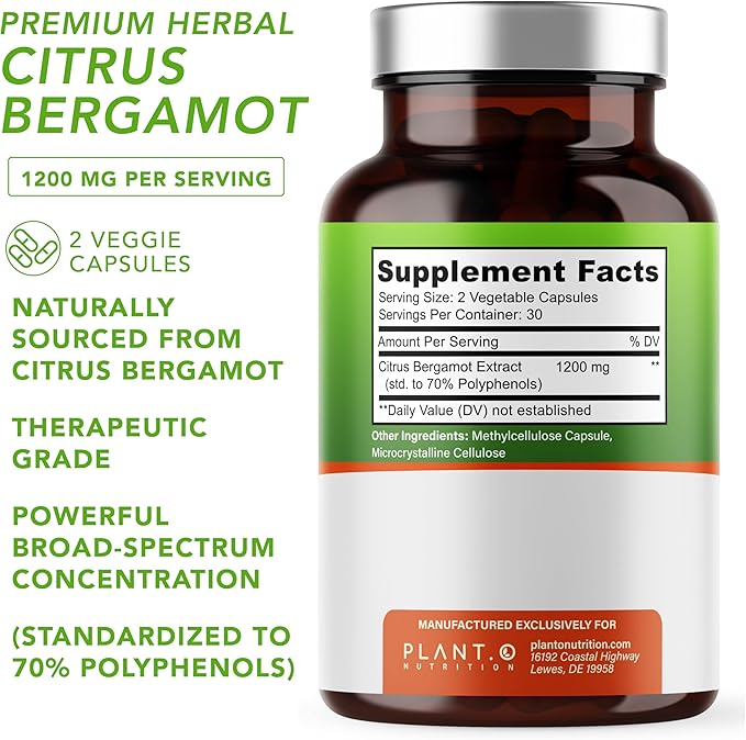 PLANT.O NUTRITION Citrus Bergamot Supplement 1200mg Highly Concentrated to 70% Polyphenols - Pure Bergamot Extract for Heart Health Immunity Antioxidant - 60 Veggie Capsules Made in USA
