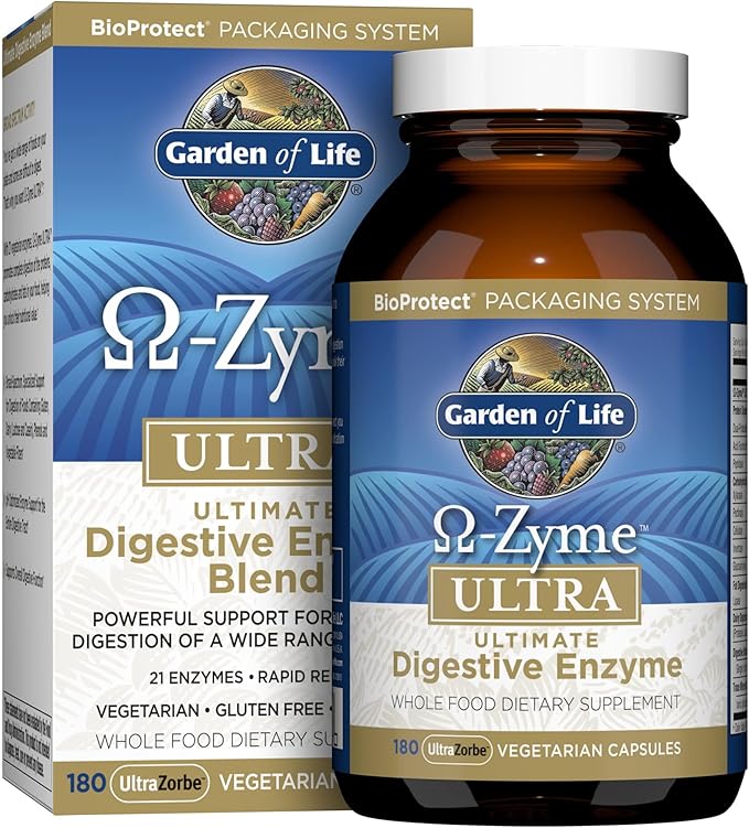 Garden of Life 21 Powerful Digestive Enzymes with Papain Bromelain Lipase Ginger Turmeric for Complete Digestion of Protein Carbs &amp Fats – Omega-Zyme ULTRA Gluten-Free Vegetarian 180 Capsu