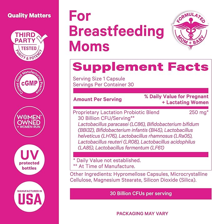 Pink Stork Lactation Probiotic - 30 Billion CFUs Multi Strain Postnatal Probiotics for Breastfeeding Women - Support Breast Milk &amp Gut Health Postpartum Essentials 60 Capsules