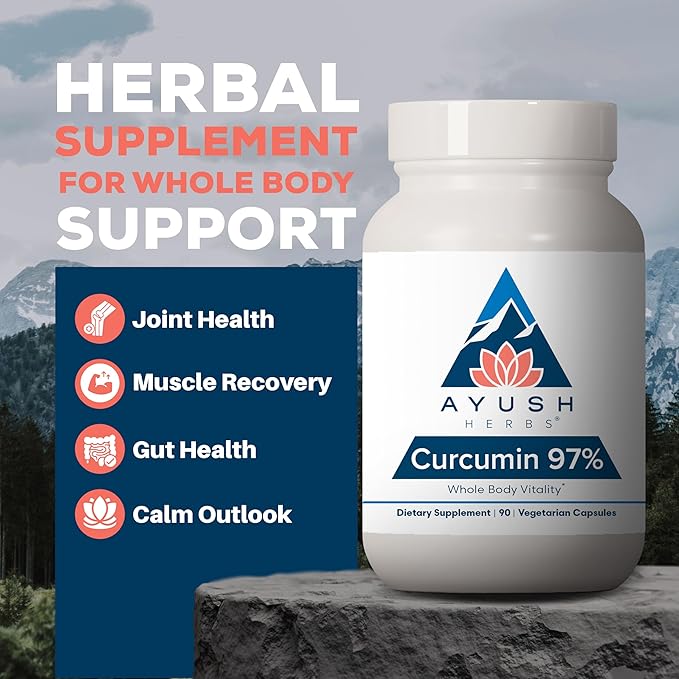 Ayush Herbs Curcumin 97% - Curcumin Supplements Premium Turmeric Root Supplement Curcuminoids for Women &amp Men Adults Premium Joint Support Strength &amp Vitality - 90 Vegetarian Capsules (1