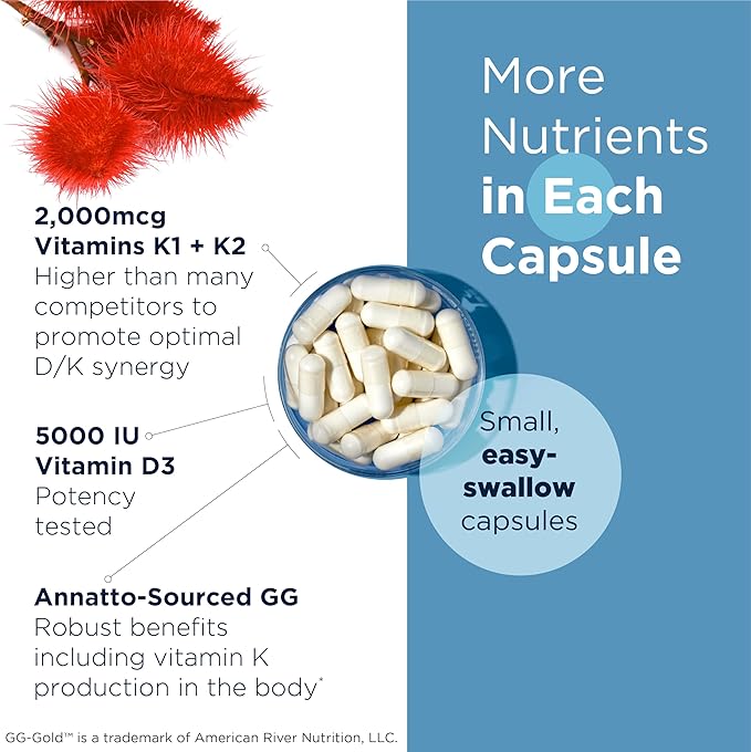 Designs for Health Vitamin D Supreme - Vitamin D 5000 IU with 2000mcg Vitamin K as MK4 for Bone Health Heart Health Mood &amp Immune Support - Vitamin D3 Enhanced with GG Supplement (30 Capsules)