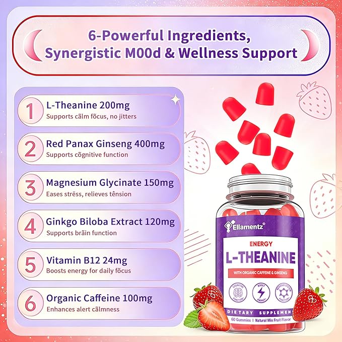 Vegan L-Theanine Gummies 200mg with Caffeine(100mg) Korean Red Ginseng &amp Ginkgo Biloba- Brain Supplement for Focus Memory &amp Energy Sugar-Free No Jitters 120 Counts