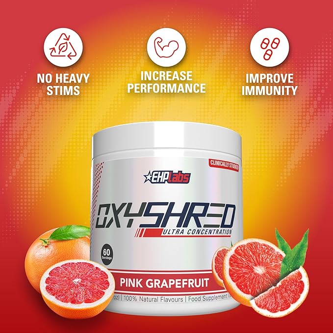 EHP Labs OxyShred Pre Workout Powder - Preworkout Powder with L Glutamine &amp Acetyl L Carnitine Energy Boost Drink - Pink Grapefruit 60 Servings