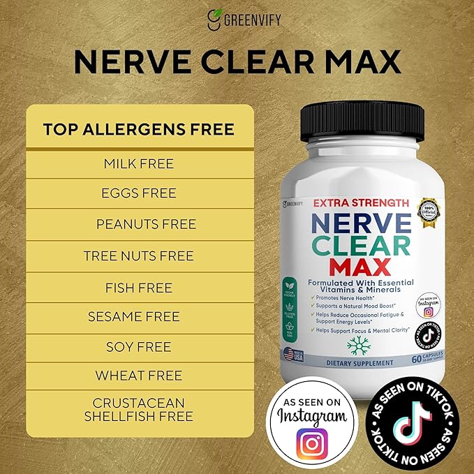 Nerve Clear Max Extra Strength Essential Vitamins &amp Minerals Nerve Health Support 60 Capsules 30-Day Supply (2)