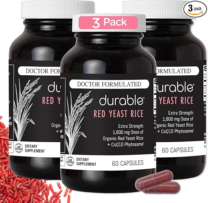 Durable RED Yeast Rice – Organic 1600 mg Extra Strength + CoQ10 Phytosome – Supports Healthy Cholesterol Heart Lipids &amp Circulation – Doctor Formulated Non-GMO Vegan Made in USA (180 Capsule