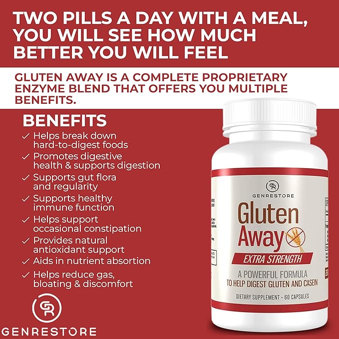 Restore Gluten Away Dietary Supplement – Extra Strength Digestive Enzyme Health Gluten &amp Casein Slower Digestion Release Protein Amino Acid in Bloodstream for Men and Women – 60 Capsules.