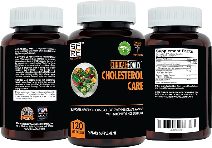 Clinical Daily Cholesterol Care Supplement. Vegan Cholesterol and Triglyceride Supplements. Plant Sterols Supplements Cholesterol Support with Guggul Garlic Niacin. 120 Capsules