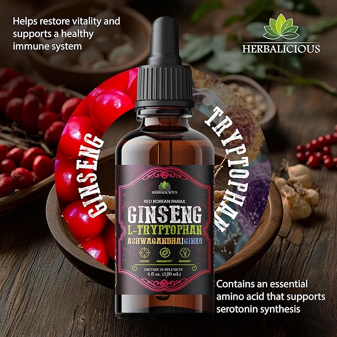 Red Korean Panax Ginseng Liquid Drops with L-Tryptophan Ashwagandha &amp Ginkgo – Herbal Adaptogen Blend for Daily Wellness – Alcohol Free Liquid Supplement – 4 fl oz (120 mL)