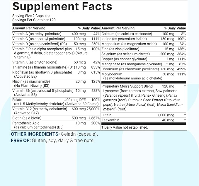 Micro Ingredients Pure Methylated Multivitamin for Men 240 Capsules | 30 Essential Nutrients with Activated B Complex &amp Methylfolate + Saw Palmetto Ginseng Maca Lycopene Vitamin D3 &amp Zinc