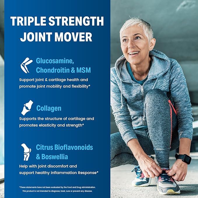 Vitamin World Triple Strength Joint Mover Glucosamine Chondroitin with MSM Joint Support Supplement Collagen &amp Boswellia Serrata Extract Support Joint Strength Comfort &amp Flexibility 180 C