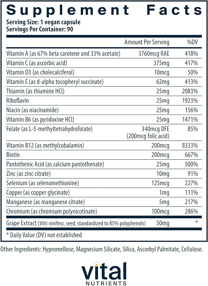 Vital Nutrients Minimal and Essential Multivitamin - Vegetarian One per Day Multi Vitamin Mineral &amp Antioxidant Supplement* - Iron-Free - Gluten Dairy Soy Free - Non-GMO - 90 Capsules