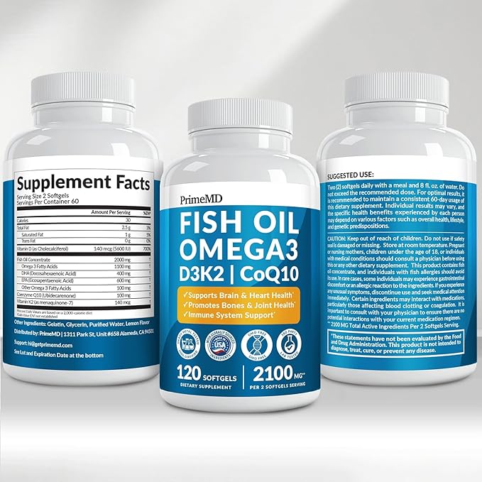 5-in-1 Fish Oil Omega 3 Fatty Supplements (2100mg) - Omega 3 Fish Oil with Vitamins D3 K2 and CoQ10 - Lemon Flavored (120 softgels Pack of 3)