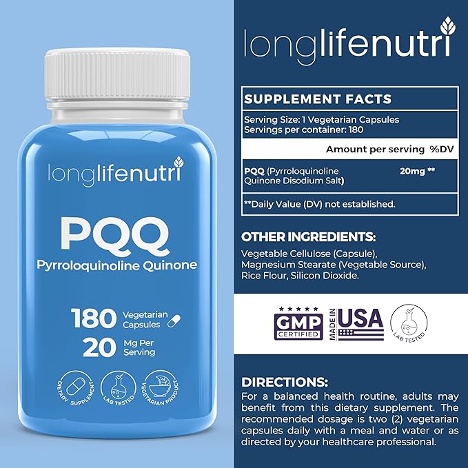 LongLifeNutri R-Alpha Lipoic Acid 300 mg + PQQ 20 mg Bundle - 120-180 Vegetarian Capsules Cellular Energy &amp Metabollic Function Daily Energy &amp Mental Performance GMP Certified Made in USA