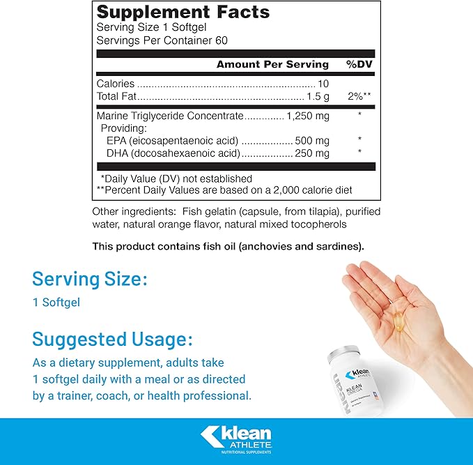 Klean Athlete Klean Omega | Pure Fish Oil in Triglyceride Form to Support Cardiovascular Neurological and Joint Health | NSF Certified for Sport | 60 Softgels