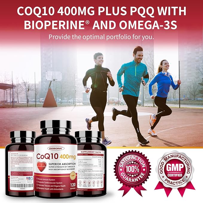 ZEBORA CoQ10-400mg-Softgels with PQQ BioPerine &amp Omega-3 Coenzyme Q10(Ubiquinone) Supplement for High-Absorption Powerful-Antioxidant Support Heart &amp Energy-Production 120 Servings