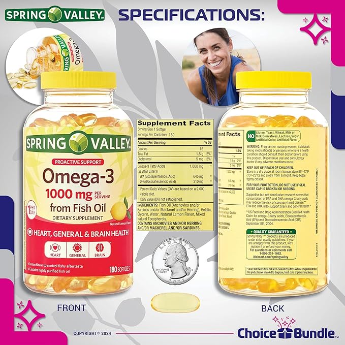 Choice Bundle Spring Valley Proactive Support Omega-3 Fish Oil Soft Gels 1000 mg 180 Ct 3 pk (540 Total) + Vitamin Guide &amp Pill Container (5 Items)!