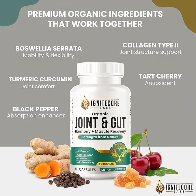 Organic Joint &amp Gut Harmony – Turmeric Ginger Collagen Magnesium &amp Probiotics Blend – Plant-Based Daily Supplement – 90 Vegetable Capsules Made for General Well-Being and Everyday Support