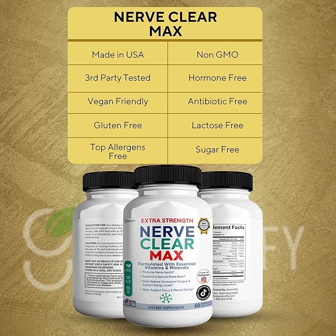 Nerve Clear Max Extra Strength Essential Vitamins &amp Minerals Nerve Health Support 60 Capsules 30-Day Supply (1)