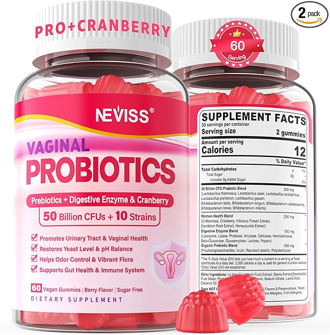 Vaginal Probiotics Gummies for Women PH Balance Odor Control with Prebiotics Cranberry D-Mannose Promotes Feminine Healthy Vaginal Flora Urinary Tract Yeast Digestive Support Sugar Free120Cts