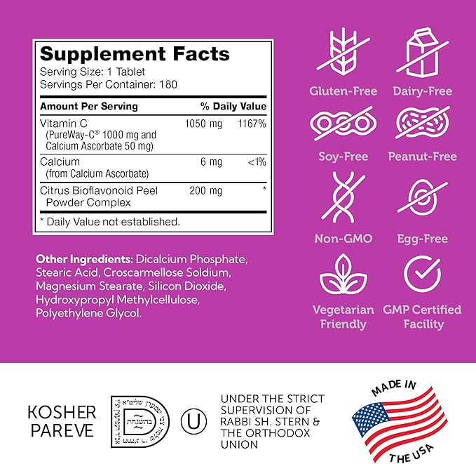 Zahler Vitamin C 1000mg Tablets with Bioflavonoids - High Potency for Immune Support - Gentle on Stomach - Gluten Free Supplement for Women &amp Men (180 Count)