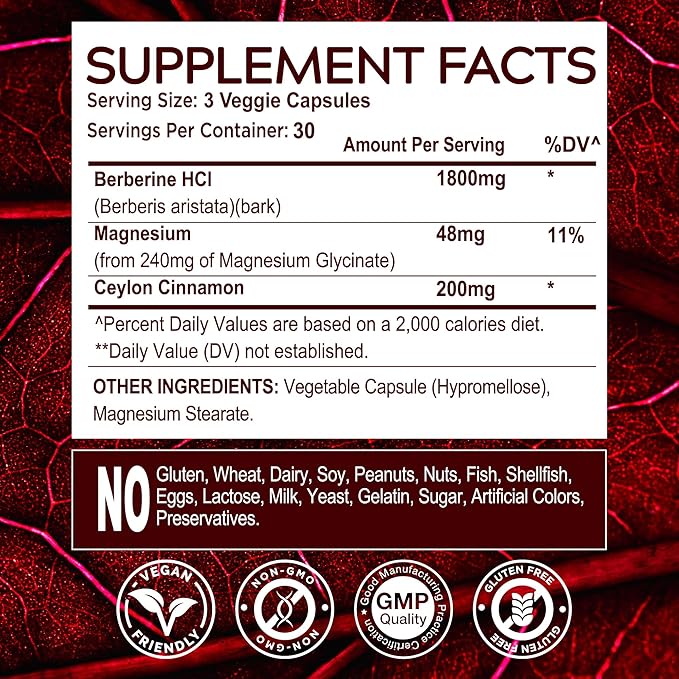 MuseBeam Berberine HCL Magnesium Glycinate Supplement - 1800mg High Purity Capsules with Ceylon Cinnamon - Vegan Friendly Non-GMO Gluten-Free Sugar Free Pill for Men Women